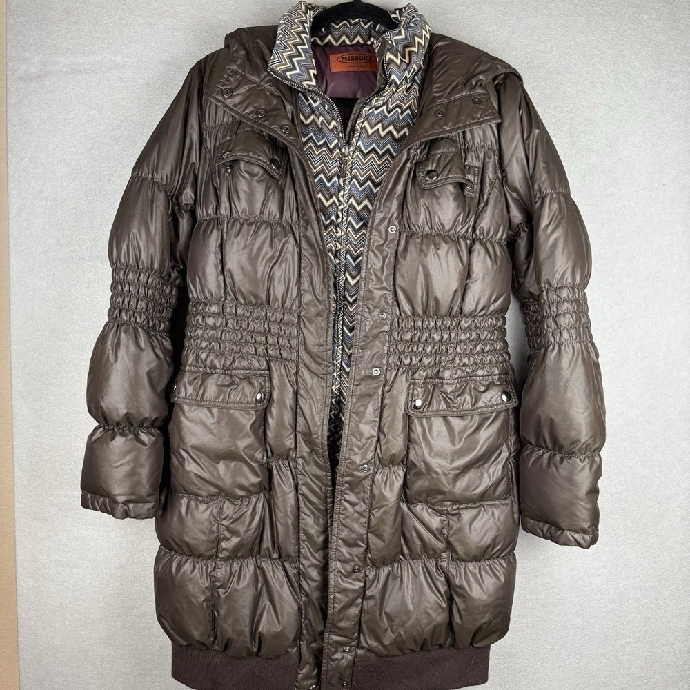 Missoni Chocolate Brown Puffer Coat Hooded Signature Zigzag Trim Sz S Italy